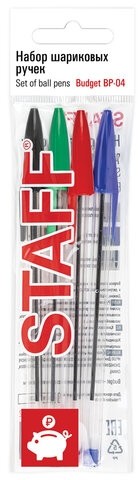Ручки шариковые STAFF "Basic Budget BP-04", НАБОР 4 ЦВЕТА, линия письма 0,5 мм, 143872