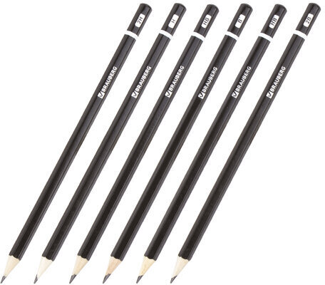 Карандаши чернографитные разной твердости НАБОР 6 штук, 2H-2B, BRAUBERG "Line", 180650