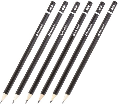 Карандаши чернографитные разной твердости НАБОР 6 штук, 2H-2B, BRAUBERG "Line", 180650