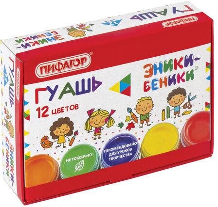Гуашь ПИФАГОР "ЭНИКИ-БЕНИКИ", 12 цветов по 10 мл, 191330
