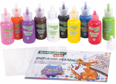 Краски витражные BRAUBERG KIDS, 10 ярких цветов, 10 туб по 20 мл, книга шаблонов, 191761