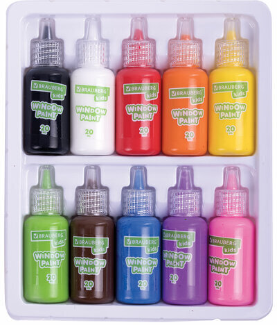 Краски витражные BRAUBERG KIDS, 10 ярких цветов, 10 туб по 20 мл, книга шаблонов, 191761