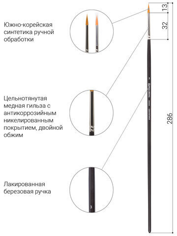 Кисть художественная проф. BRAUBERG ART CLASSIC, синтетика жесткая, круглая, № 3, длинная ручка, 200658