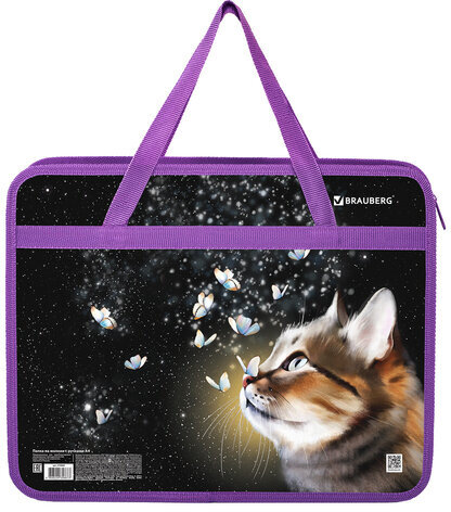 Папка на молнии с ручками BRAUBERG А4, 1 отделение, пластик, 80 мм, "Dream cat", 270868