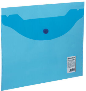 Папка-конверт с кнопкой МАЛОГО ФОРМАТА (240х190 мм), А5, прозрачная, синяя, 0,18 мм, BRAUBERG, 224027