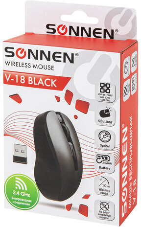 Мышь беспроводная с бесшумным кликом SONNEN V18, USB, 800/1200/1600 dpi, 4 кнопки, черная, 513514