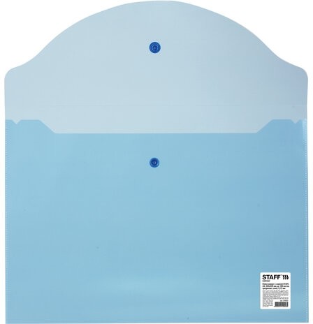 Папка-конверт с кнопкой STAFF, А4, до 100 листов, прозрачная, синяя, 0,12 мм, 224623