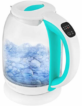Чайник KITFORT КТ-6140-3, 1,7 л, 2200 Вт, закрытый нагревательный элемент, ТЕРМОРЕГУЛЯТОР, стекло, белый/бирюзовый