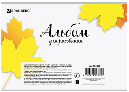 Альбом для рисования А4, 32 листа, скоба, обложка картон, BRAUBERG, 202х285 мм, "Краски" (1 вид), 105063