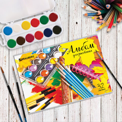 Альбом для рисования А4, 32 листа, скоба, обложка картон, BRAUBERG, 202х285 мм, "Краски" (1 вид), 105063