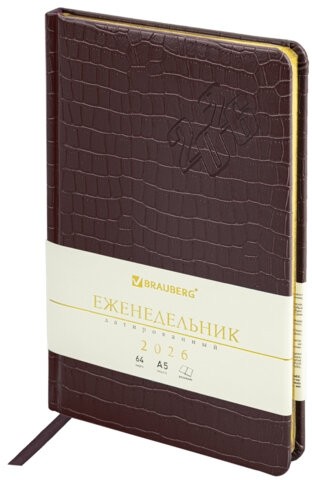 Еженедельник датированный 2026 А5 145х215 мм, BRAUBERG "Comodo", под кожу, темно-коричневый, 117166