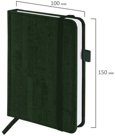 Ежедневник датированный 2026 МАЛЫЙ ФОРМАТ 100х150 мм, А6, BRAUBERG "Wood", под кожу, темно-зеленый, 117266