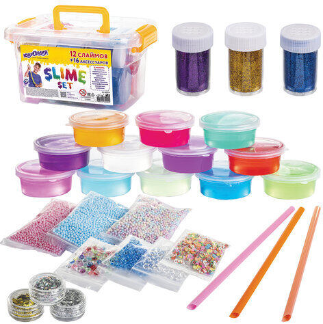 Набор слаймов 12 цветов, 16 аксессуаров, в пластиковом боксе, ЮНЛАНДИЯ, 663774