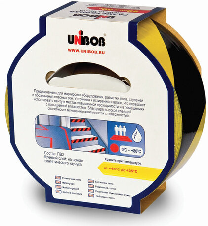 Клейкая лента разметочная 50 мм х 50 м, желто-черная, UNIBOB, основа-ПВХ, европодвес, 48905