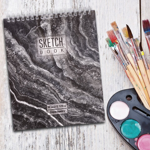 Скетчбук, серая бумага 120 г/м2, 170х195 мм, 30 л., гребень, подложка, цветная фольга, "Мрамор", 98689