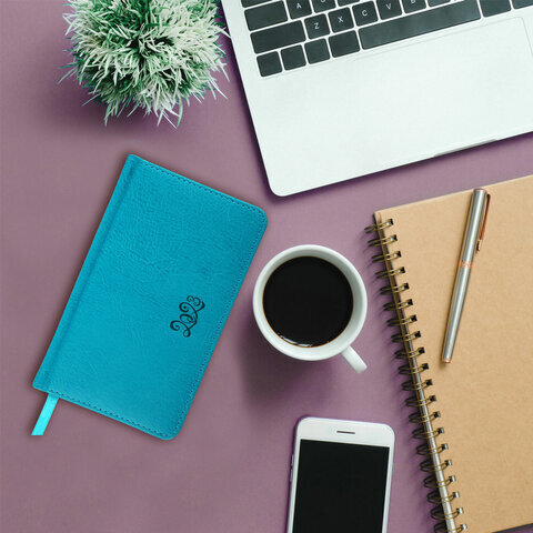 Еженедельник датированный 2023 МАЛЫЙ ФОРМАТ 95х155 мм А6, BRAUBERG "Rainbow", под кожу, бирюзовый, 113967