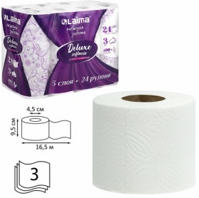 Бумага туалетная 3-х слойная, 24 рулона (24х16,5 м), LAIMA Deluxe, 100% целлюлоза, 115397