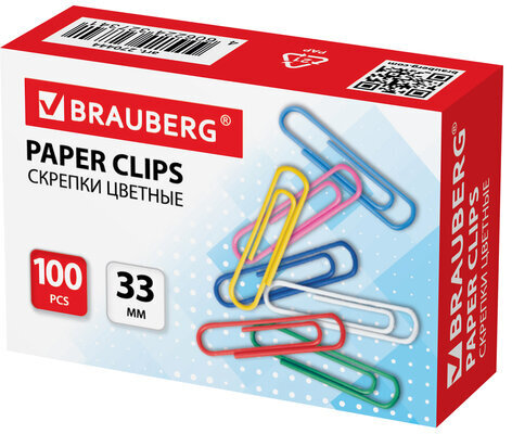 Скрепки BRAUBERG, 33 мм, цветные, 100 шт., в картонной коробке, 270444