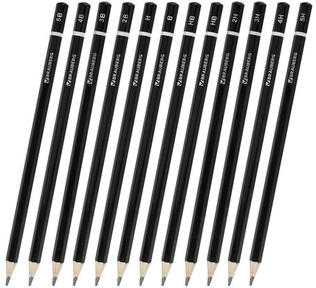Карандаши чернографитные разной твердости НАБОР 12 штук, 5H-5B, BRAUBERG "Line", 180652