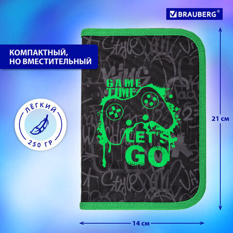 Пенал BRAUBERG, 1 отделение, 2 откидные планки, полиэстер, 21х14 см, "Game time", 272321
