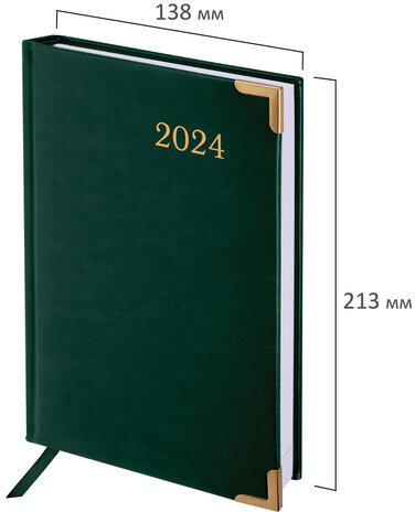 Ежедневник датированный 2024 А5 138x213 мм BRAUBERG "Senator", под кожу, зеленый, 114885