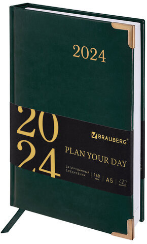 Ежедневник датированный 2024 А5 138x213 мм BRAUBERG "Senator", под кожу, зеленый, 114885