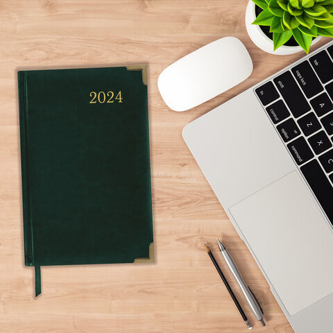 Ежедневник датированный 2024 А5 138x213 мм BRAUBERG "Senator", под кожу, зеленый, 114885