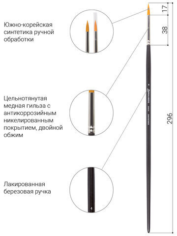 Кисть художественная проф. BRAUBERG ART CLASSIC, синтетика жесткая, круглая, № 4, длинная ручка, 200659