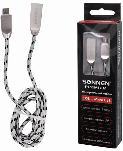 Кабель USB 2.0-micro USB, 1 м, SONNEN Premium, медь, передача данных и быстрая зарядка, 513125