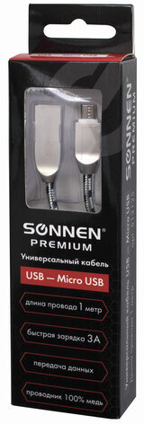 Кабель USB 2.0-micro USB, 1 м, SONNEN Premium, медь, передача данных и быстрая зарядка, 513125