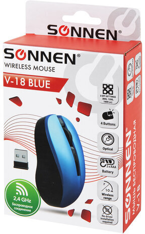 Мышь беспроводная с бесшумным кликом SONNEN V18, USB, 800/1200/1600 dpi, 4 кнопки, синяя, 513515