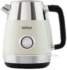 Чайник KITFORT КТ-633-3, 1,7 л, 2200 Вт, закрытый нагревательный элемент, термометр, пластик/металл, бежевый