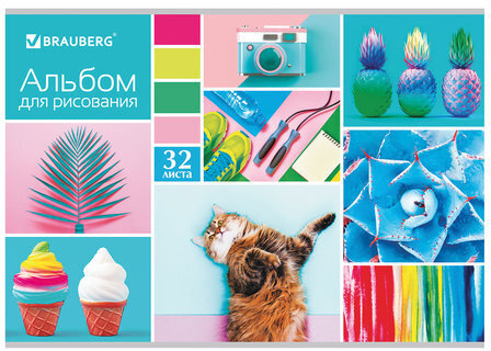 Альбом для рисования А4, 32 л., скоба, блестки, BRAUBERG, 202х285 мм, "Коллаж 2" (1 вид), 105069