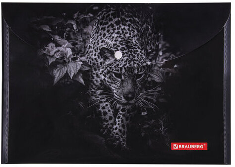 Папка-конверт с кнопкой BRAUBERG "LEOPARD", А4, 160 мкм, до 100 листов, цветная печать, 228039