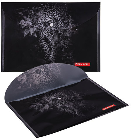 Папка-конверт с кнопкой BRAUBERG "LEOPARD", А4, 160 мкм, до 100 листов, цветная печать, 228039