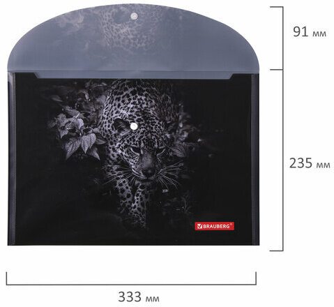 Папка-конверт с кнопкой BRAUBERG "LEOPARD", А4, 160 мкм, до 100 листов, цветная печать, 228039