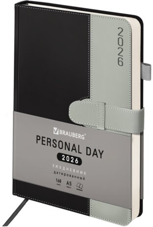 Ежедневник датированный 2026, А5, 138х213 мм, BRAUBERG "Esthetic", под кожу, держатель для ручки, застежка, черный/серый, 117372