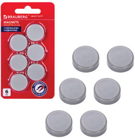 Магниты СУПЕРМОЩНЫЕ НЕОДИМОВЫЕ 20 мм (МАЛОГО ДИАМЕТРА), НАБОР 6 шт., серые, BRAUBERG &quot;HEAVY DUTY&quot;, 237485
