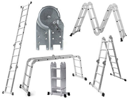 Лестница-трансформер алюминиевая 4х4 ступеней, высота 4,5 м (4 секции по 1,27 м), нагрузка 150 кг, вес 12,9 кг, 511444