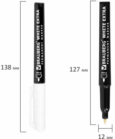 Маркеры перманентные BRAUBERG WHITE EXTRA, БЕЛЫЕ, НАБОР 2 ШТУКИ, круглый наконечник 3 мм, 152489
