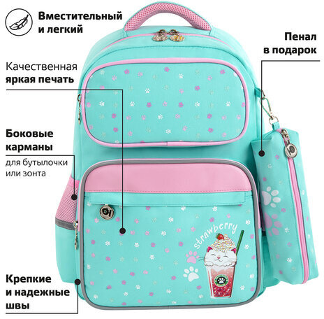 Рюкзак ЮНЛАНДИЯ COMPLETE с пеналом в комплекте, эрго-спинка, "Yummy cat", 42х29х14 см, 270663