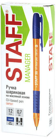 Ручка шариковая масляная c грипом STAFF "Manager OBP-267", СИНЯЯ, корпус оранжевый, линия письма 0,35 мм, 142979