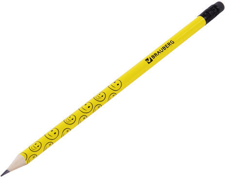 Карандаш чернографитный BRAUBERG, 1 шт., "Смайлики", НВ, c ластиком, корпус желтый, заточенный, 180654