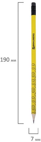 Карандаш чернографитный BRAUBERG, 1 шт., "Смайлики", НВ, c ластиком, корпус желтый, заточенный, 180654