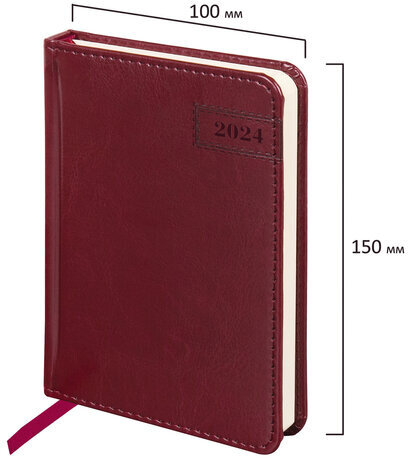 Ежедневник датированный 2024 МАЛЫЙ ФОРМАТ 100х150 мм А6, BRAUBERG "Imperial", под кожу, бордо, 114786