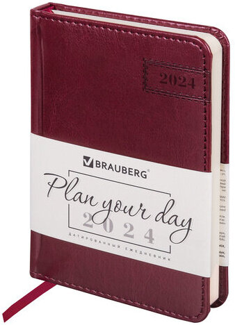 Ежедневник датированный 2024 МАЛЫЙ ФОРМАТ 100х150 мм А6, BRAUBERG "Imperial", под кожу, бордо, 114786