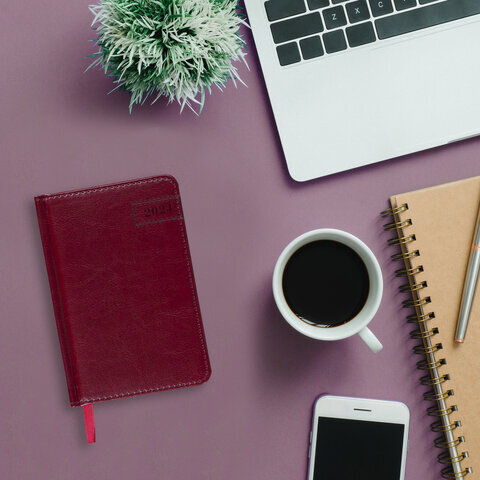 Ежедневник датированный 2024 МАЛЫЙ ФОРМАТ 100х150 мм А6, BRAUBERG "Imperial", под кожу, бордо, 114786