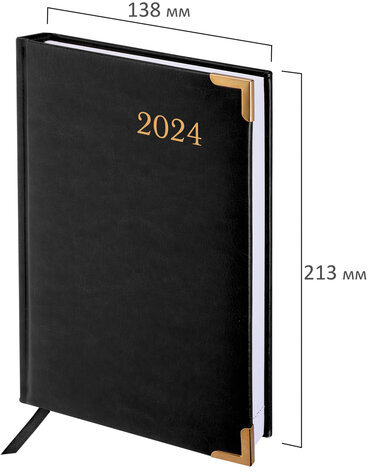 Ежедневник датированный 2024 А5 138x213 мм BRAUBERG "Senator", под кожу, черный, 114886