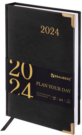 Ежедневник датированный 2024 А5 138x213 мм BRAUBERG "Senator", под кожу, черный, 114886
