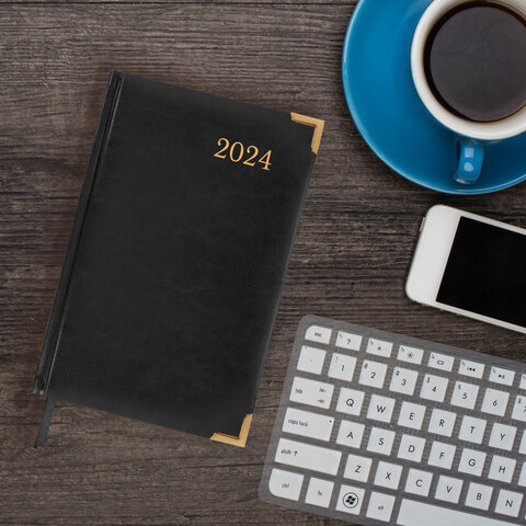 Ежедневник датированный 2024 А5 138x213 мм BRAUBERG "Senator", под кожу, черный, 114886